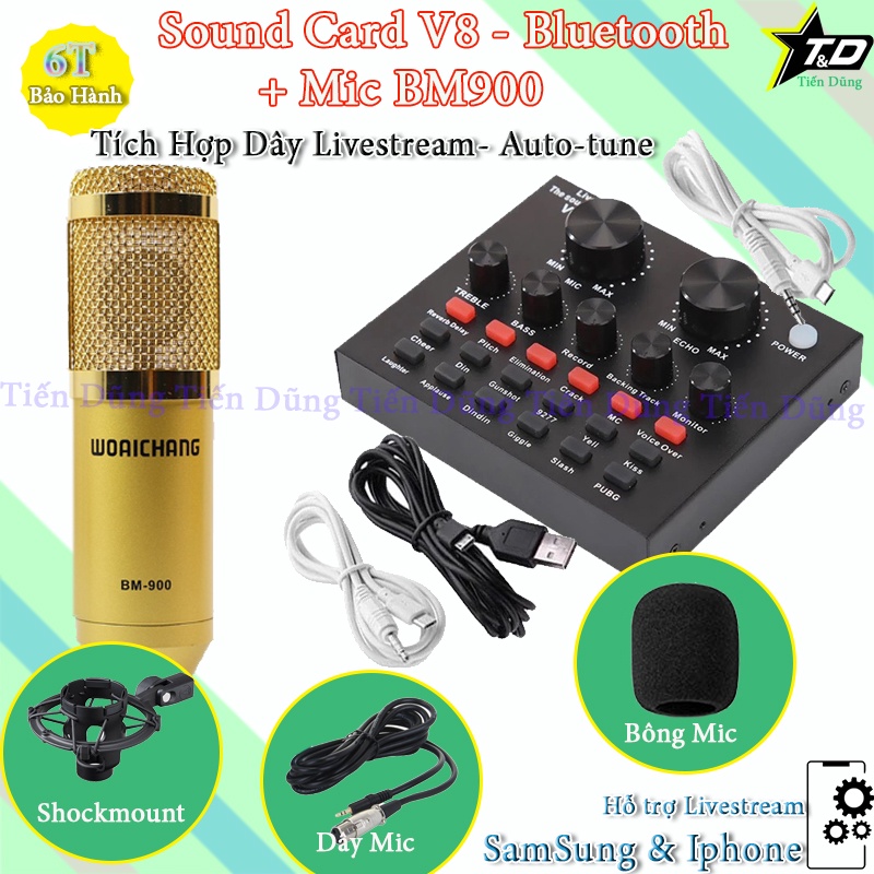 Bộ Mic Thu Âm BM900 Sound Card V8 tiếng anh có auto-tune có Bluetooth - Bộ live stream là đã có thể thu âm livestream