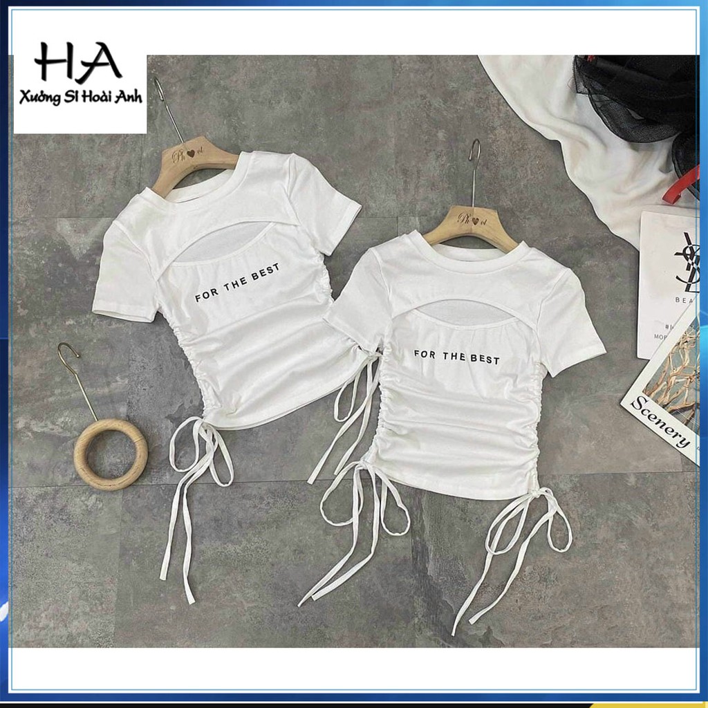 Áo Croptop Tay Ngắn Thun Body Dây Rút 2 Bên Eo Trắng / Đen Thêu Chữ - Áo Croptop Cổ Tròn | BigBuy360 - bigbuy360.vn