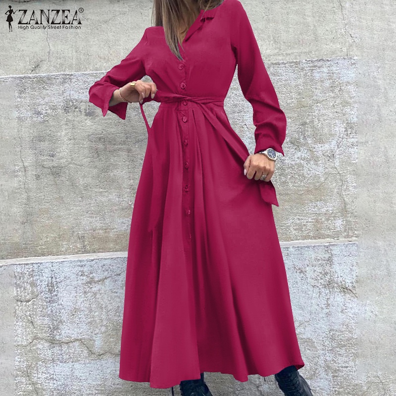 Đầm ZANZEA cổ áo gập xuống tay dài có dây thắt lưng và nút cài thời trang cho nữ
