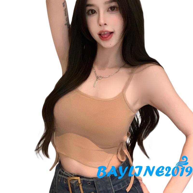 Áo Croptop Hai Dây Cổ Chữ U Màu Trơn Cắt Xẻ Gợi Cảm Cho Nữ