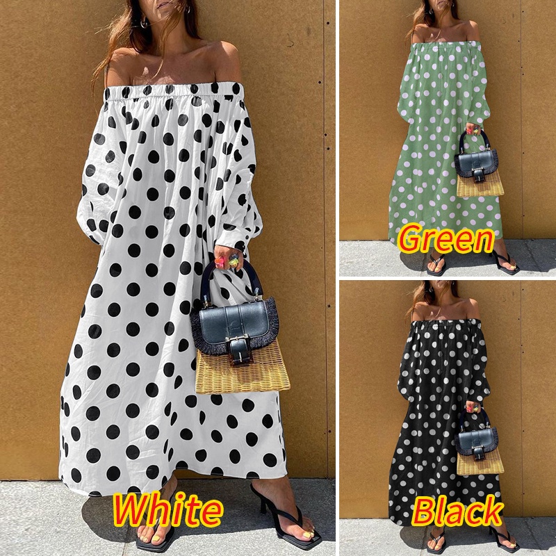 Đầm maxi Zanzea dài tay trễ vai họa tiết chấm bi thời trang thích hợp cho nữ