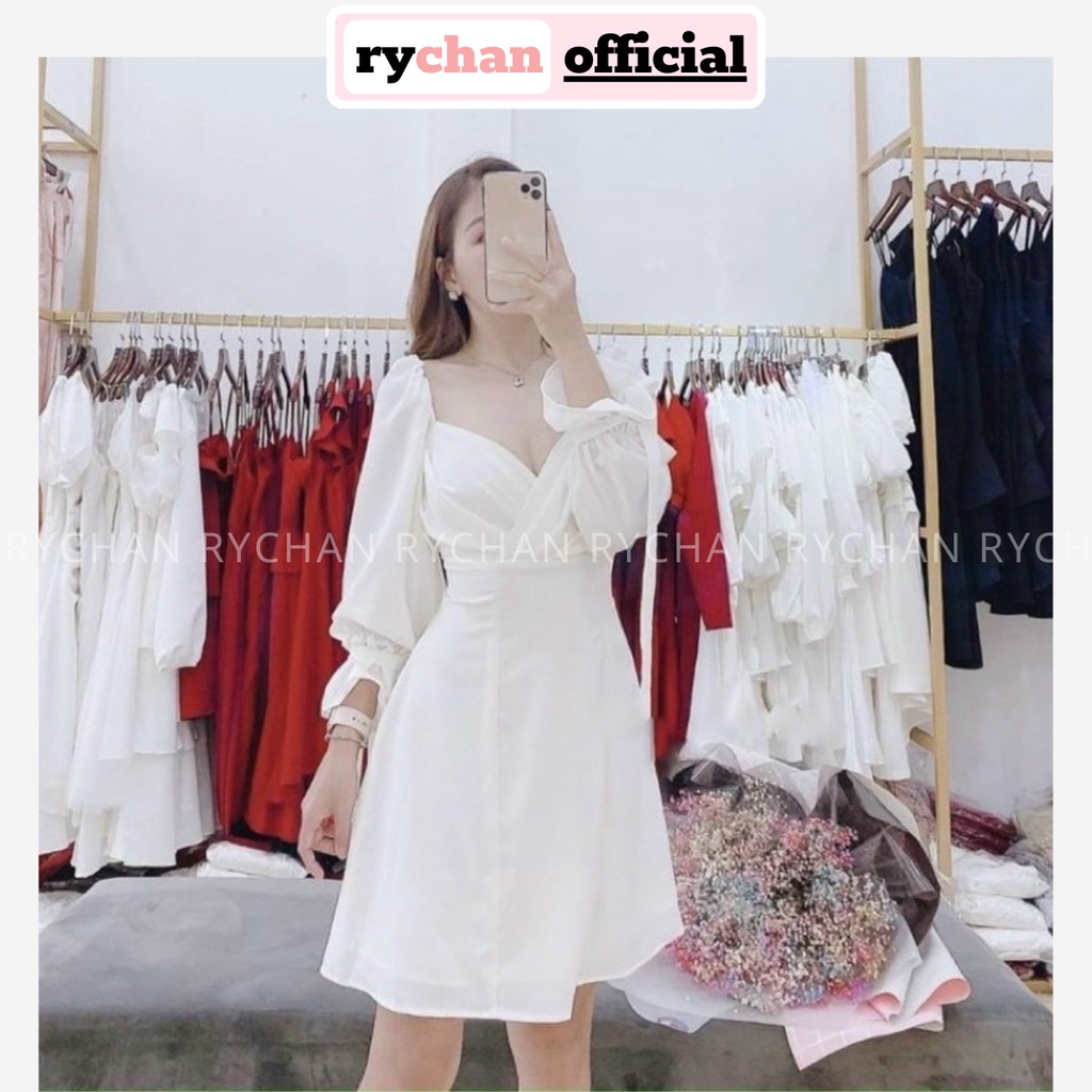 Đầm Váy Nữ Dự Tiệc Màu Trắng Dáng Ngắn Thanh Lịch Xếp Li Ngực Tay Dài Phồng Hot Trend [ẢNH THẬT CUỐI] - DX9909