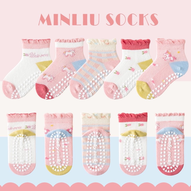 Set 5 đôi tất/ vớ đế chống trượt/ không chống trượt cho bé từ sơ sinh đến 12 tuổi