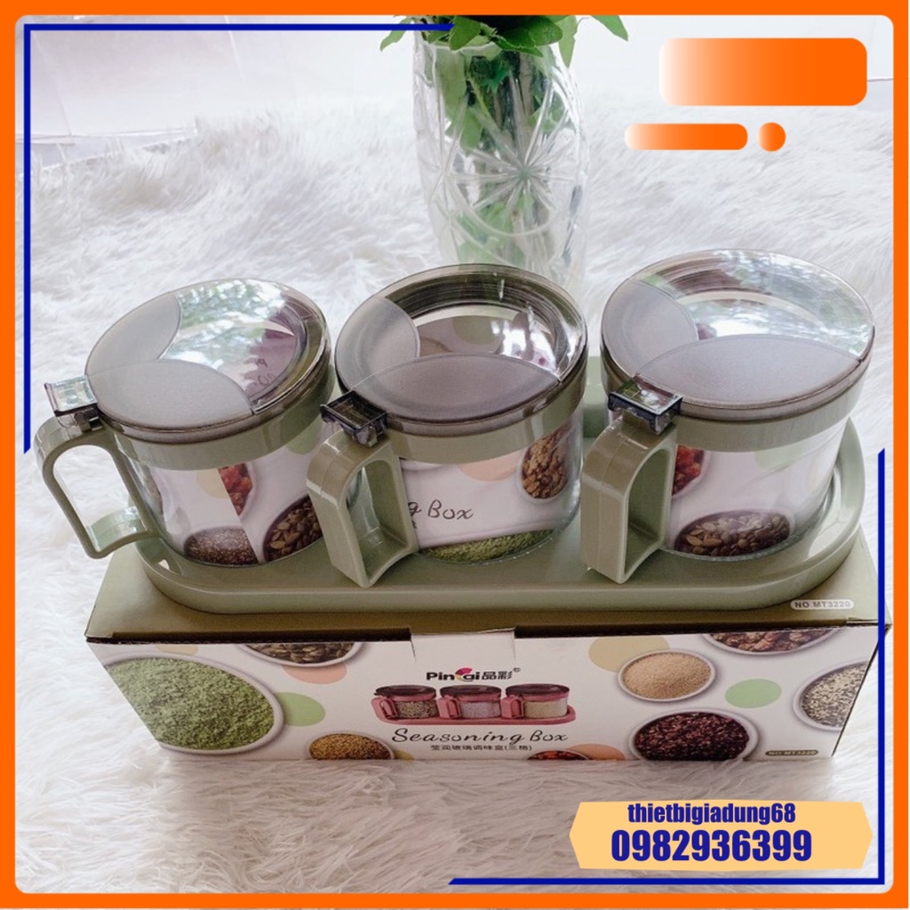 Bộ Lọ Đựng Gia VỊ Thủy Tinh Cao Cấp Kèm Thìa và Khay Đựng - Bộ 3 Hũ Đựng Gia Vị Nắp Bật - Hàng Nội Địa PinCai