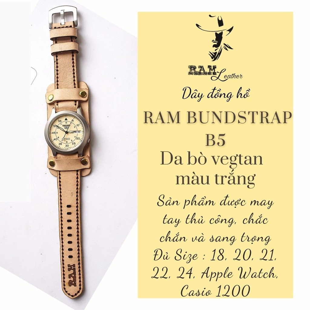 Dây đồng hồ RAM Leather vintage da bò Italia Vegtan B5 trắng kiểu quân đội Đức