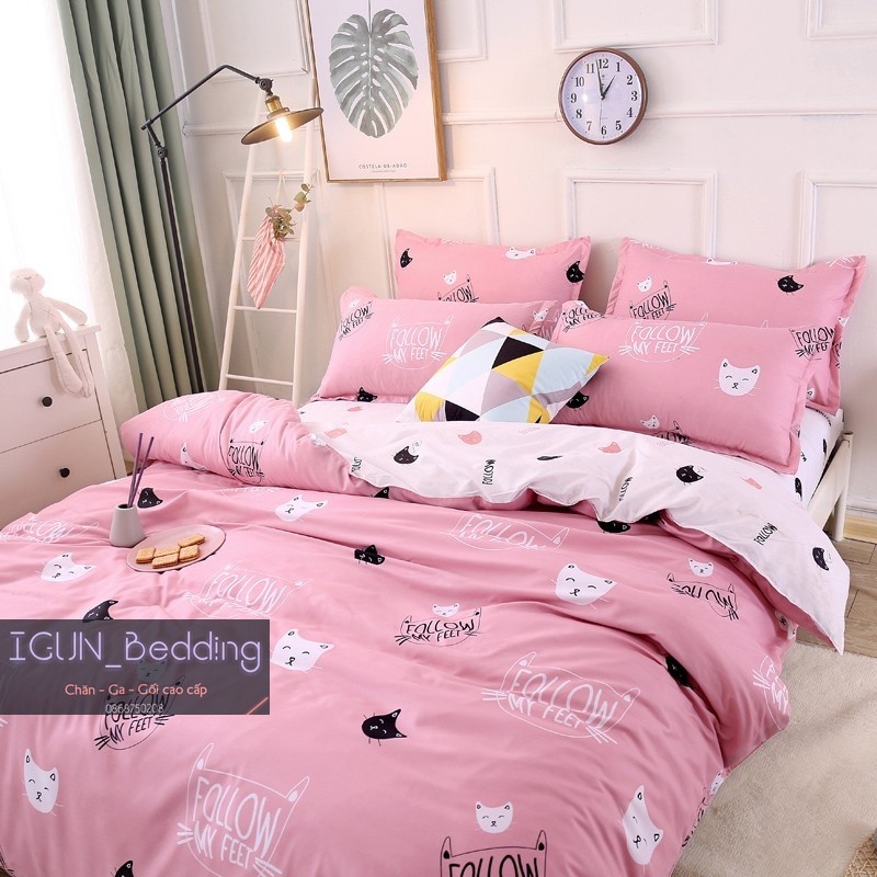 set MẶT MÈO HỒNG  bộ Chăn Ga Gối 4 món Poly cotton HÀN QUỐC 100%