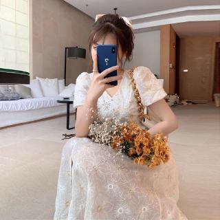 Đầm maxi cổ chữ v phối ren hoa phong cách pháp