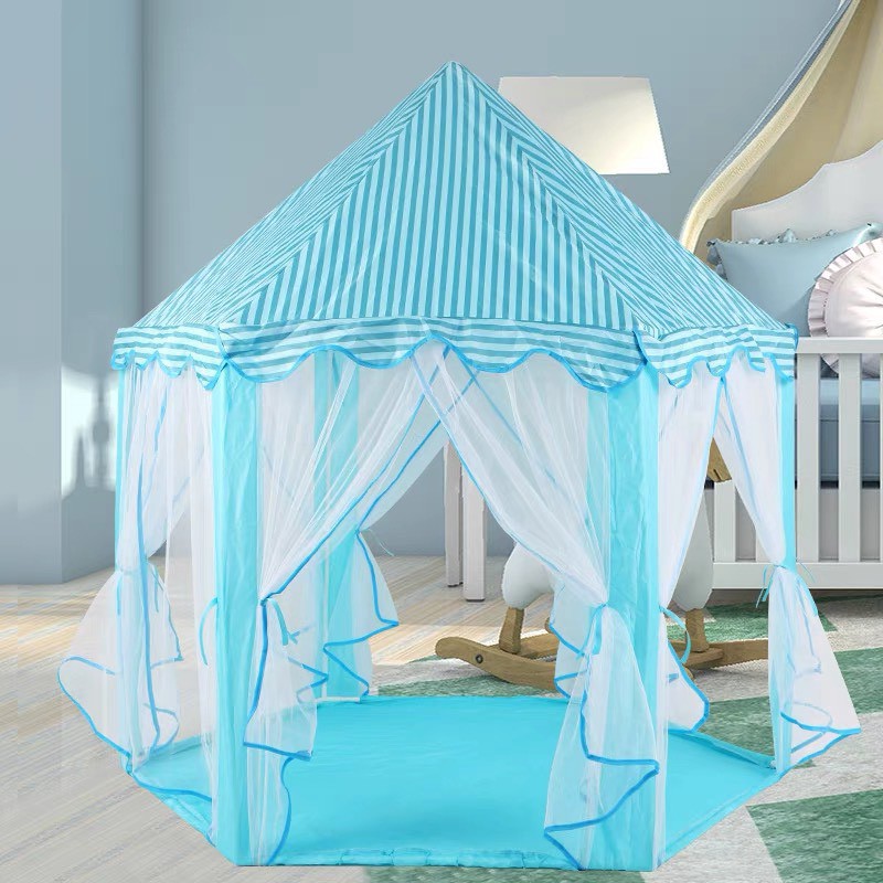 Lều bóng công chúa hoàng tử cho bé trai bé gái lục giác 6 cửa có rèm chống muỗi kèm bóng đèn nháy loại to hồng xanh NC21