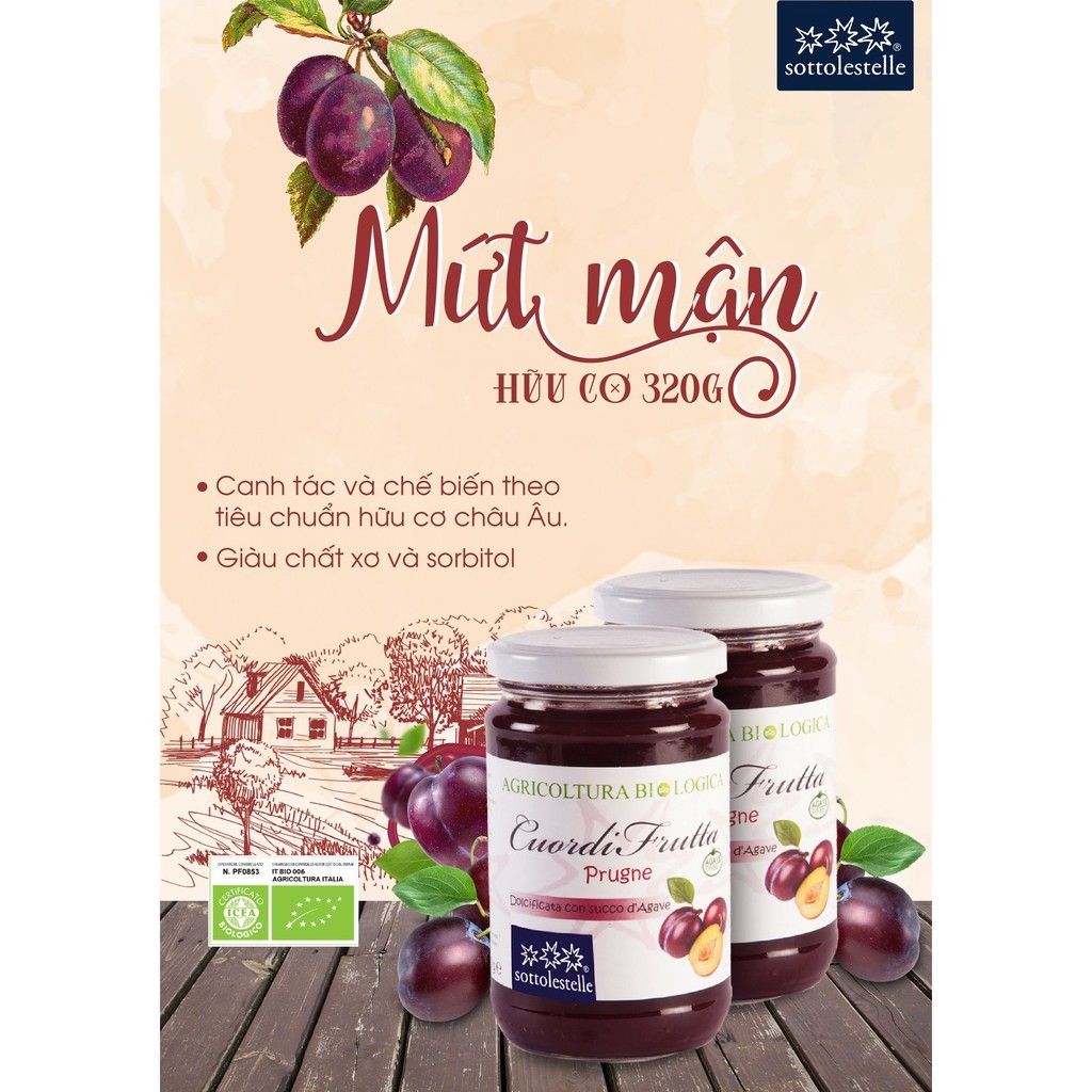 Mứt mận hữu cơ 320g Sottolestelle Organic Plums Jam