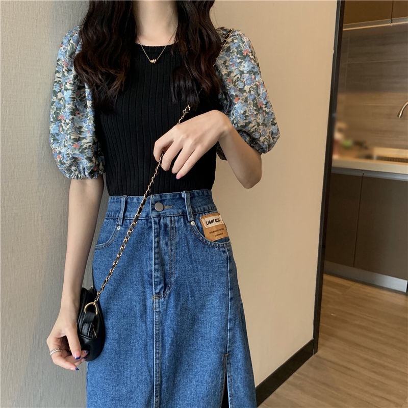 Áo IELGY tay ngắn in hoa màu xanh dương phong cách Pháp thời trang cho nữ