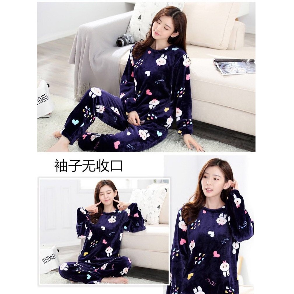 Bộ đồ ngủ nữ bông dài tay quần áo ngủ mặc nhà mùa đông kiểu dáng Hàn Quốc dễ thương