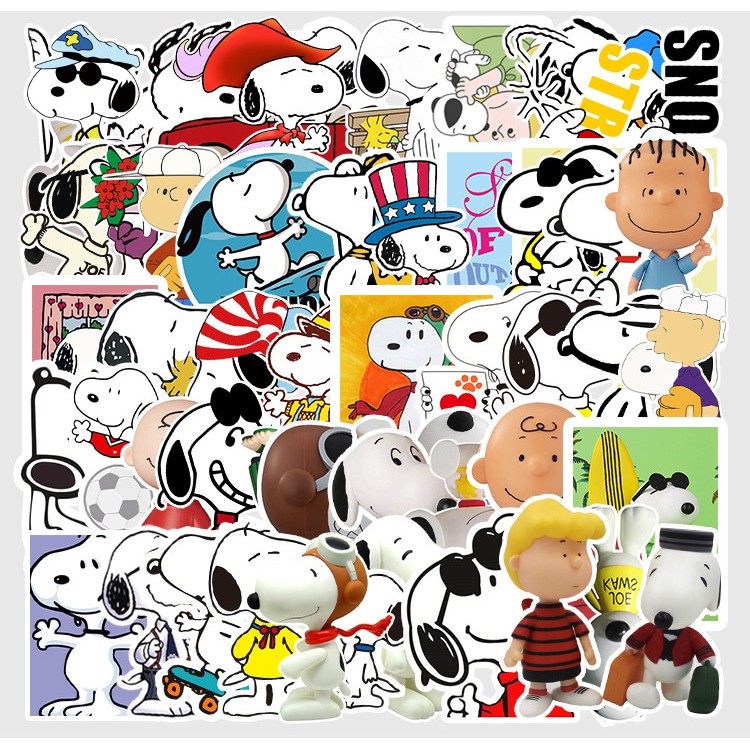 [Set 50 Cái] Sticker hình chú chó Snoopy vui vẻ dán trang trí laptop, mũ bảo hiểm, vali, xe tay ga, ván trượt - DB.041