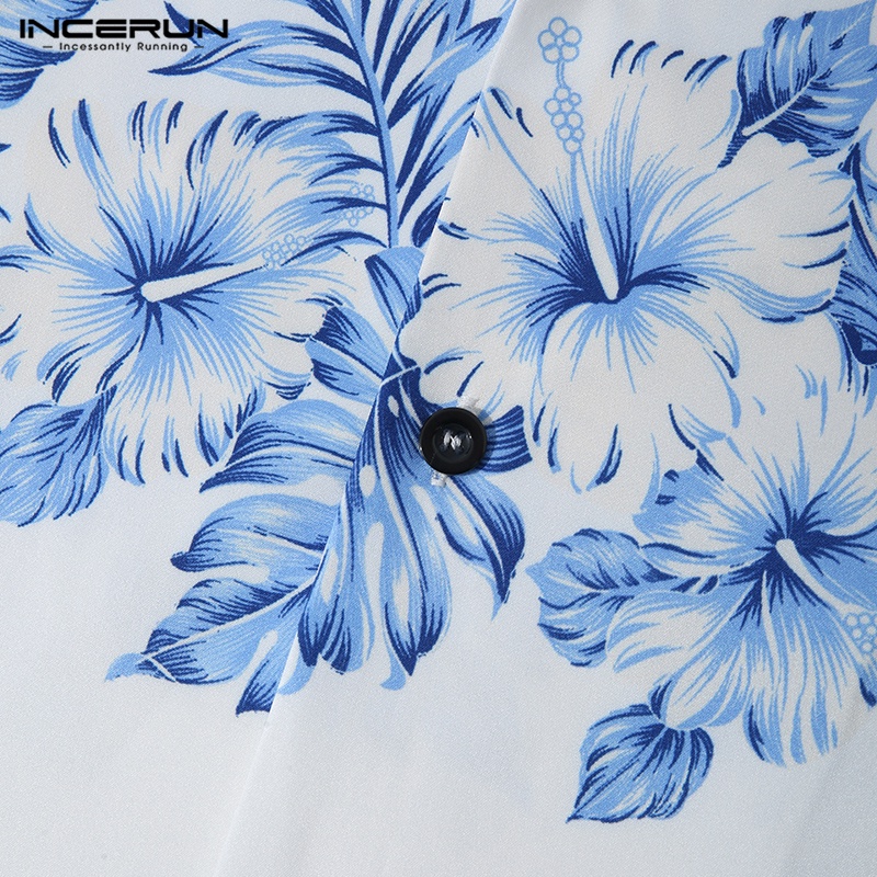 INCERUN Áo Sơ Mi Ngắn Tay Họa Tiết In Thời Trang Đi Biển Mùa Hè Cho Nam