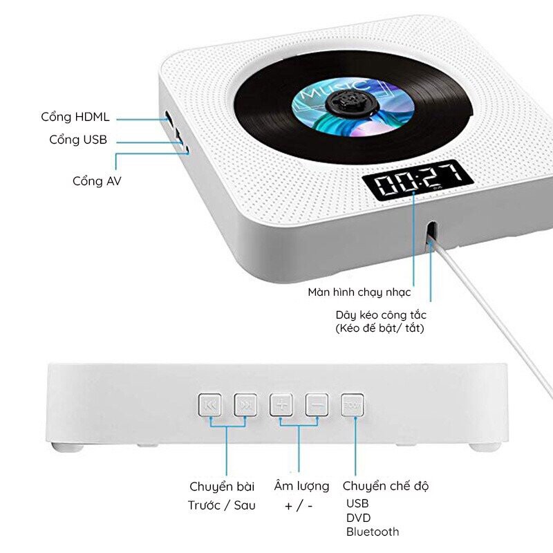 Máy Chạy Đĩa CD DVD Player Version 2 Có Remote Điều Khiển Dễ Dàng Treo Tường Để Bàn Nhỏ Gọn
