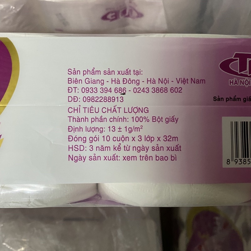 Giấy vệ sinh Hà Nội 3 lớp 10 cuộn chính hãng có tem cho nhà hàng, khách sạn, quán ăn