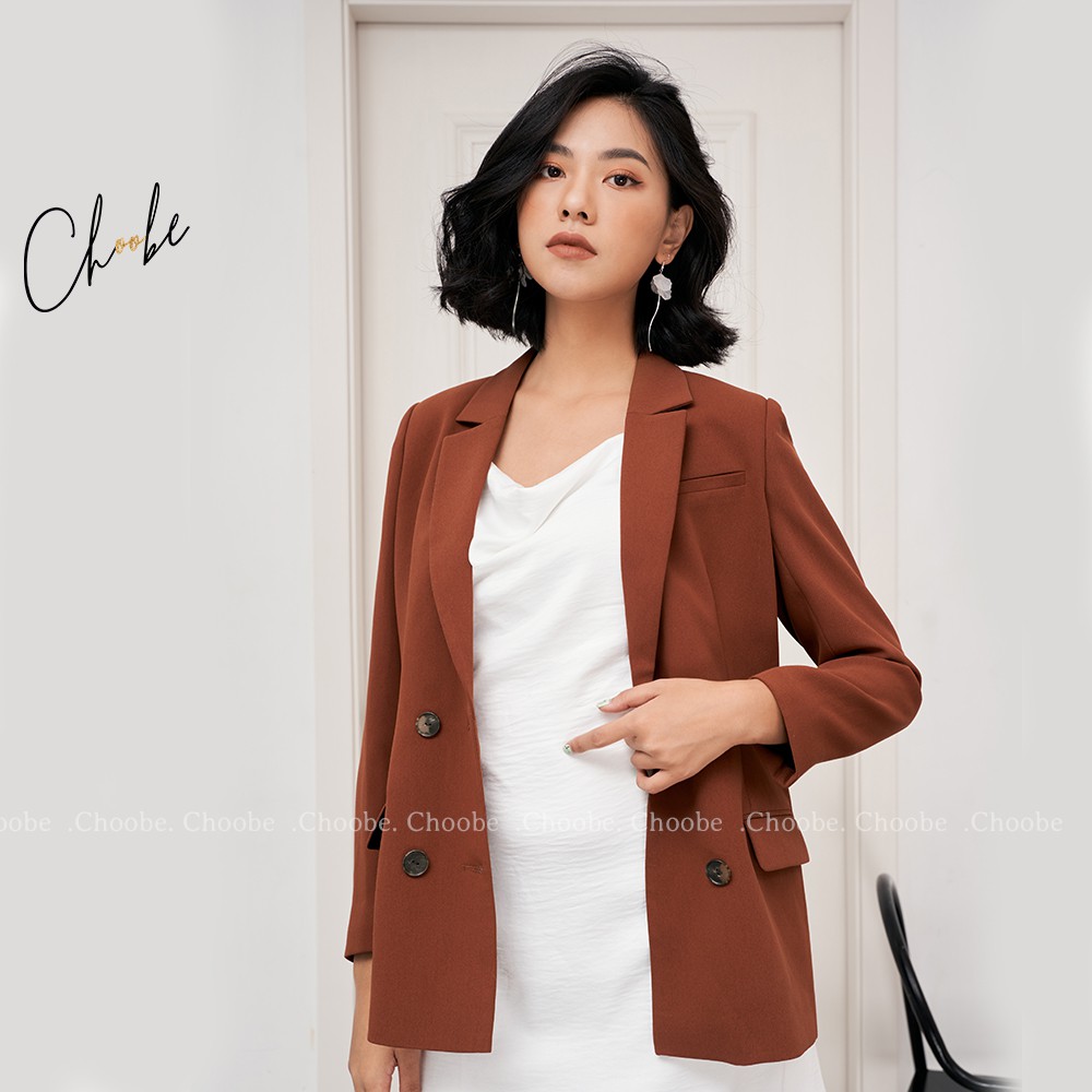 Áo blazer Choobe hai lớp, dài tay, vest nữ màu Nâu trơn, phong cách Hàn Quốc thanh lịch- BL4