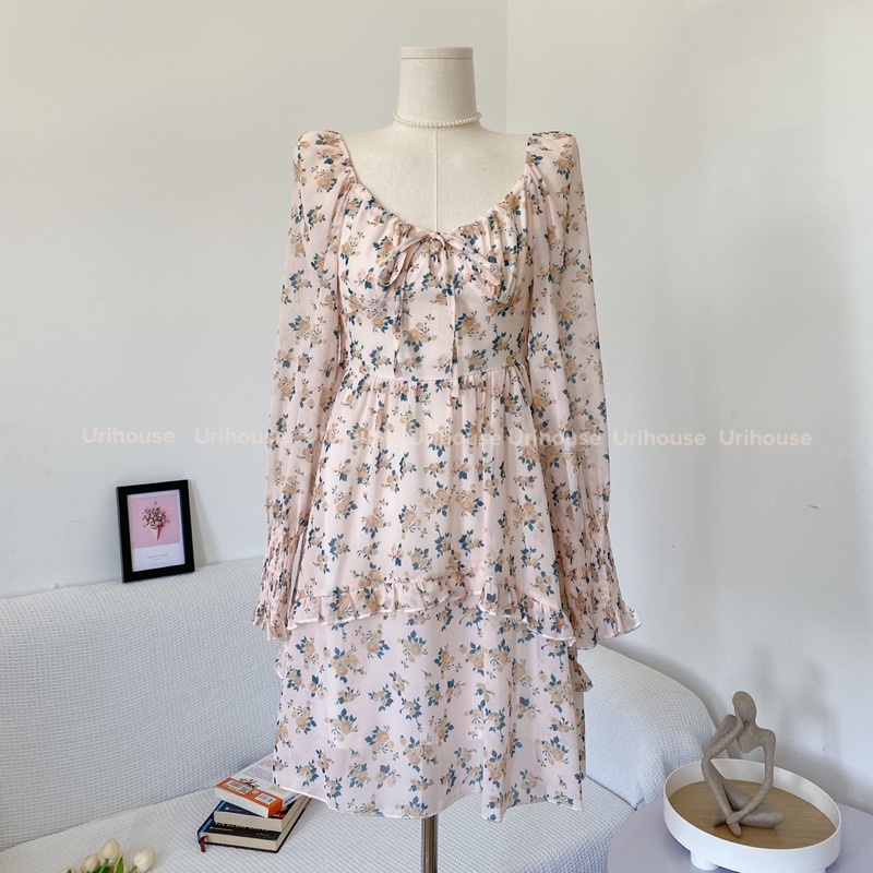 Urihouse - Đầm hoa hoạ tiết hoa nhí dài tay phồng bo chun cổ vuông dáng xoè tầng tiểu thư | Đầm công chúa