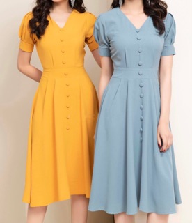 Đầm Cổ V Tay phồng nút bọc xt