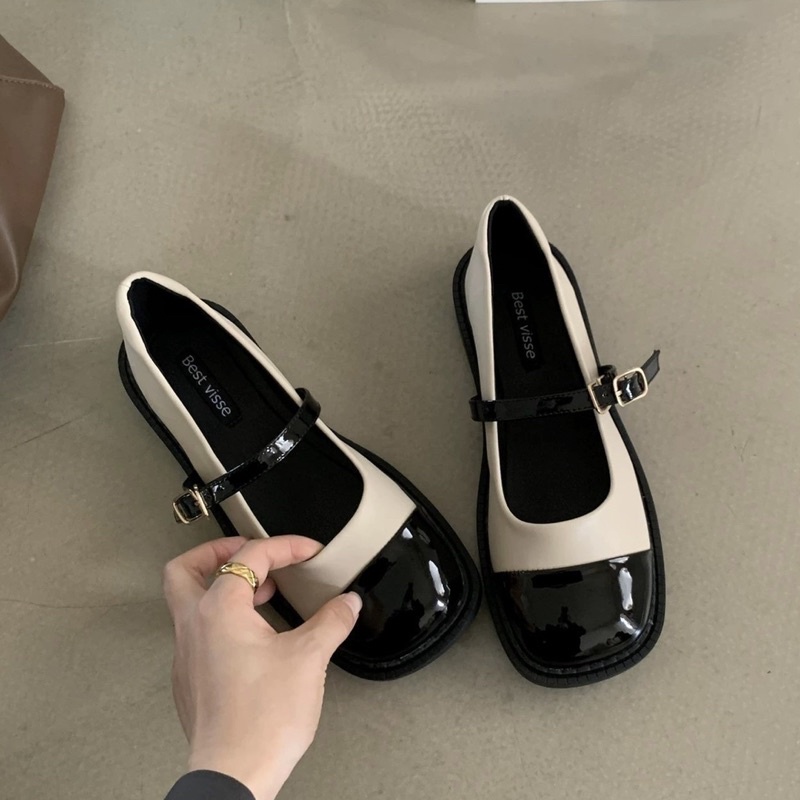 Giày búp bê hai màu quai ngang, giày bệt mũi vuông chất liệu da mềm thoải mái