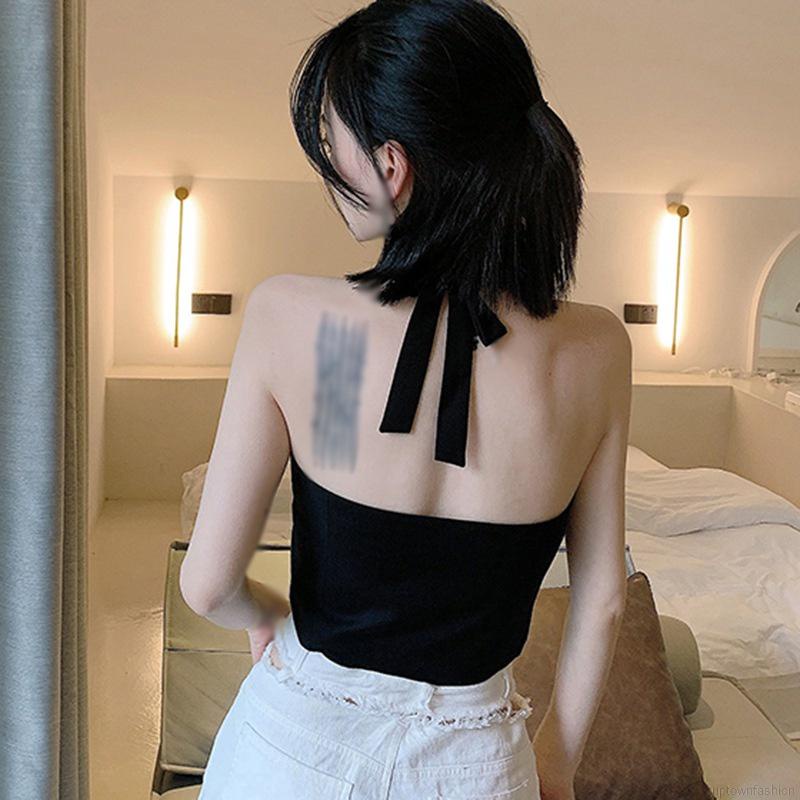 Áo cổ yếm dệt kim màu trơn hở lưng phối nút cài phong cách Hàn Quốc thời trang quyến rũ cho nữ