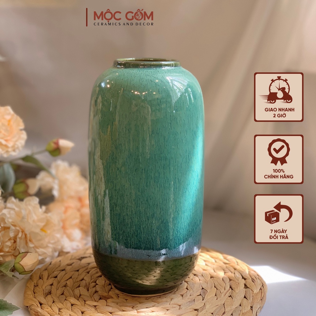 Bình gốm Bát Tràng cắm hoa men xanh bạch ngọc dáng trụ trang trí phòng khách đẹp cao cấp Mộc Gốm MG17