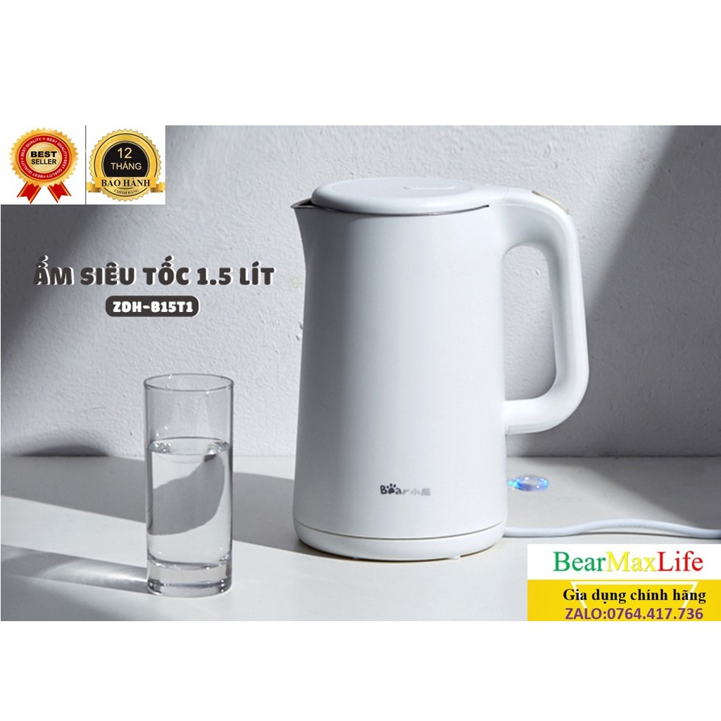 [FreeShip][Ship 2h]Ấm Siêu Tốc, Bình Đun Nước Siêu Tốc 1.5 lít Bear ZDH-B15T1, Công Suất 1500W