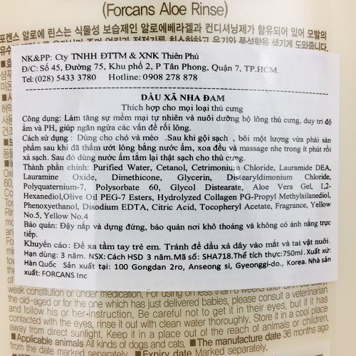 Dầu Xả Cho Chó Mèo Forcans Aloe Rinse