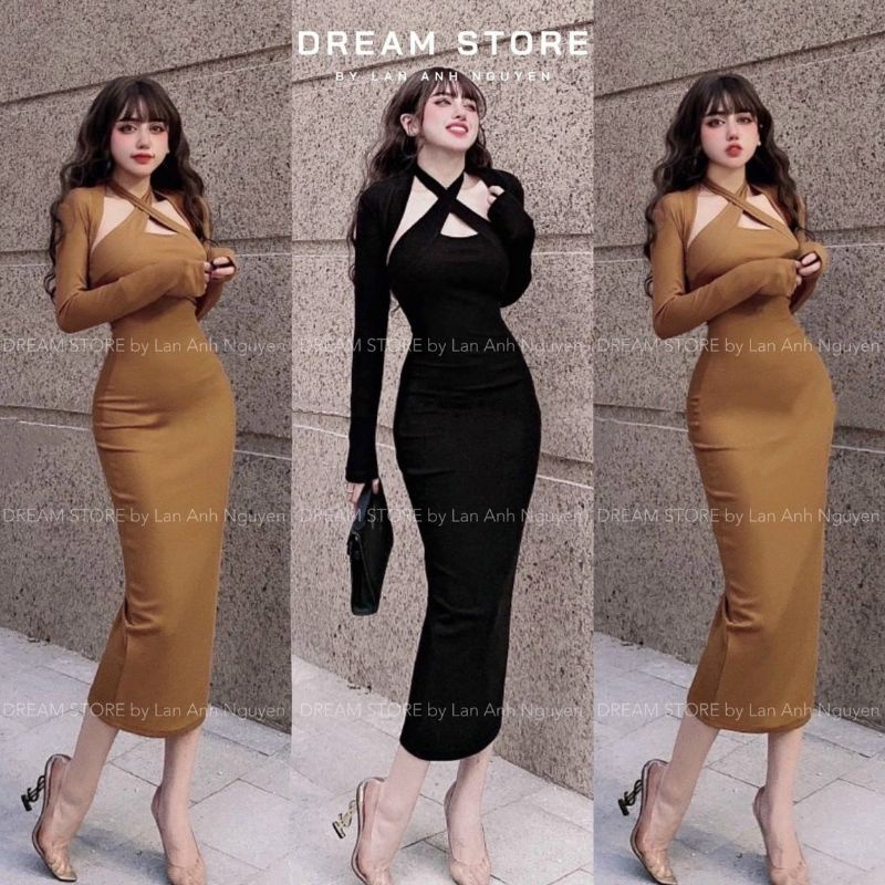 Đầm Thun Cổ Yếm Chéo Tay Dài Khoét Ngực - Dáng Dài Maxi Ôm Body Sexy