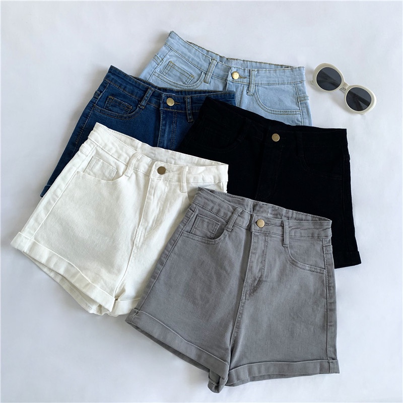 NUZIRO  Quần short denim  lưng cao ống rộng phong cách Hàn Quốc