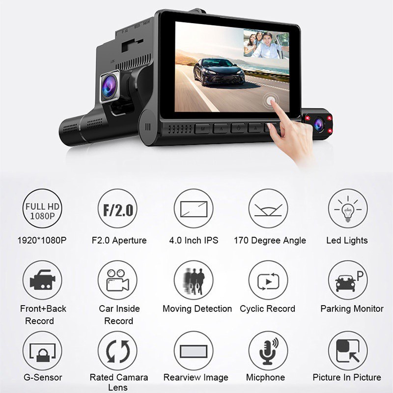 Camera Hành Trình 4 Inch Cảm Ứng 3 Camera DVR FHD 1080P Tầm Nhìn Đêm 24H Cho Xe Hơi