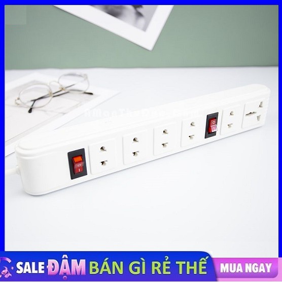 Ổ Điện Dài Trắng Dây 3m Tích Hợp 6 Ổ Cắm Đa Năng, 2 Công Tắc Điện Thông Minh, 2200W 220V