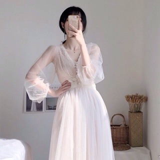 [Có sẵn/ Ảnh thật] Váy thiết kế ren trắng dáng dài tay bồng công chúa