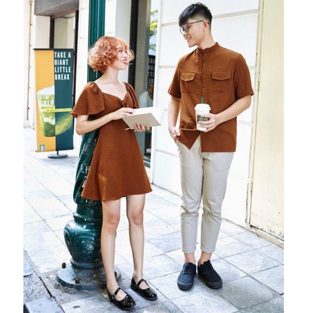 SET ÁO ĐÔI NAM NỮ CHỤP HÌNH CƯỚI ĐỒ CẶP ÁO SƠ MI NAM ĐẦM XÒE HÀN QUỐC