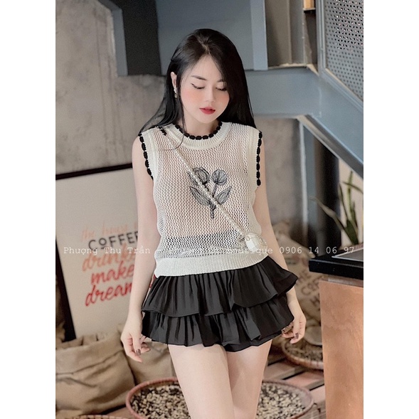 Áo Len Lưới Tanktop Bông hoa  Sắc Nét, Chạy Viền Đen Nổi Bật 160