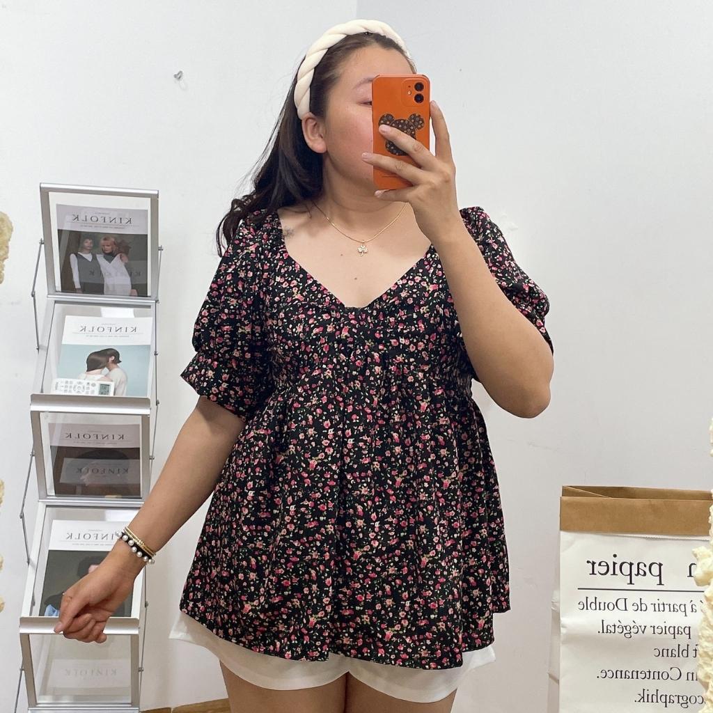 Áo babydoll bigsize nữ hoạ tiết hoa có chun sau 60-80kg AH1