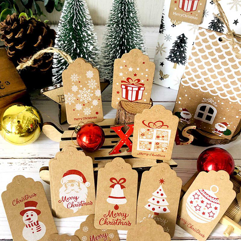 100pcs New Christmas Kraft Paper Tag Retro Snowflake Deer Paper Card Christmas Tree Decoration Label