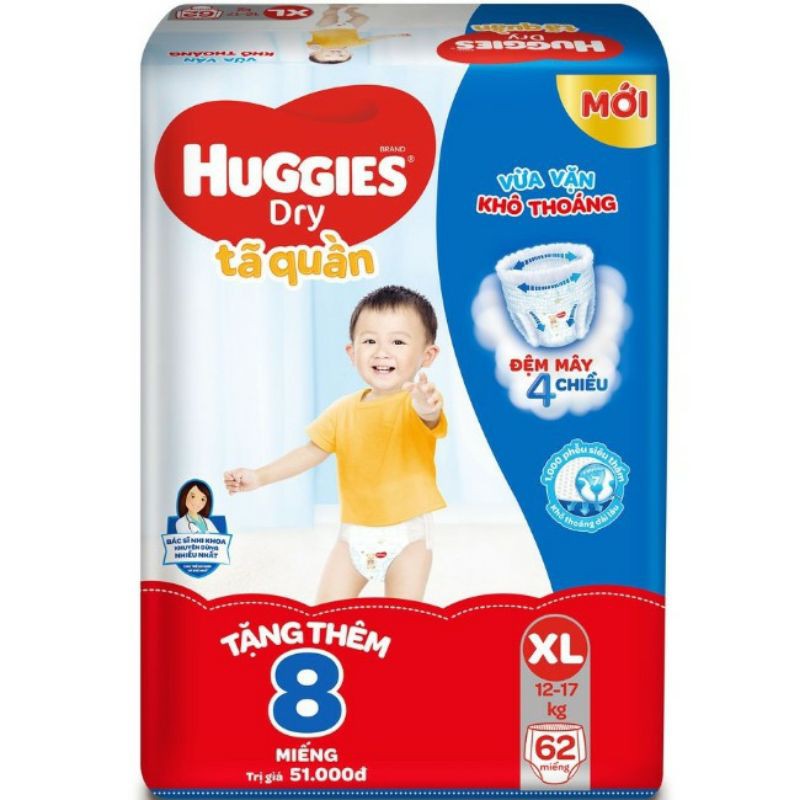 (MẪU MỚI)Tã quần Huggies size M74/L68/XL62/XXL56 tặng 8 miếng cùng loại