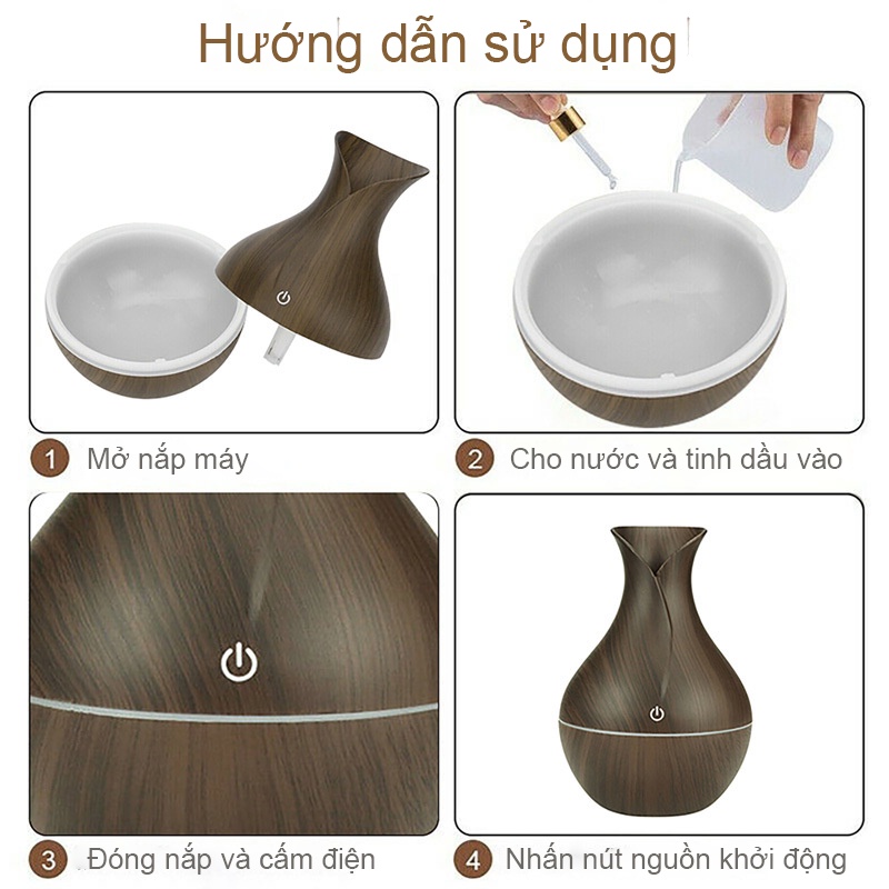 Máy Xông Tinh Dầu Vân Gỗ Hoa Tulip Phun Sương 130ml