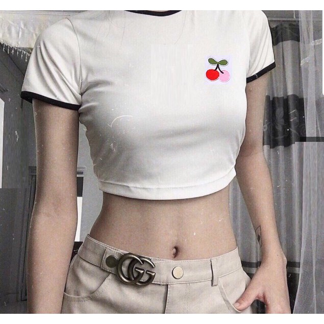 ÁO THUN CROPTOP ÔM BODY NGẮN CO GIÃN - ÁO KIỂU CRT ULZANG NGẮN TAY CỔ TRÒN THÊU HOA CHERRY NHỎ 69