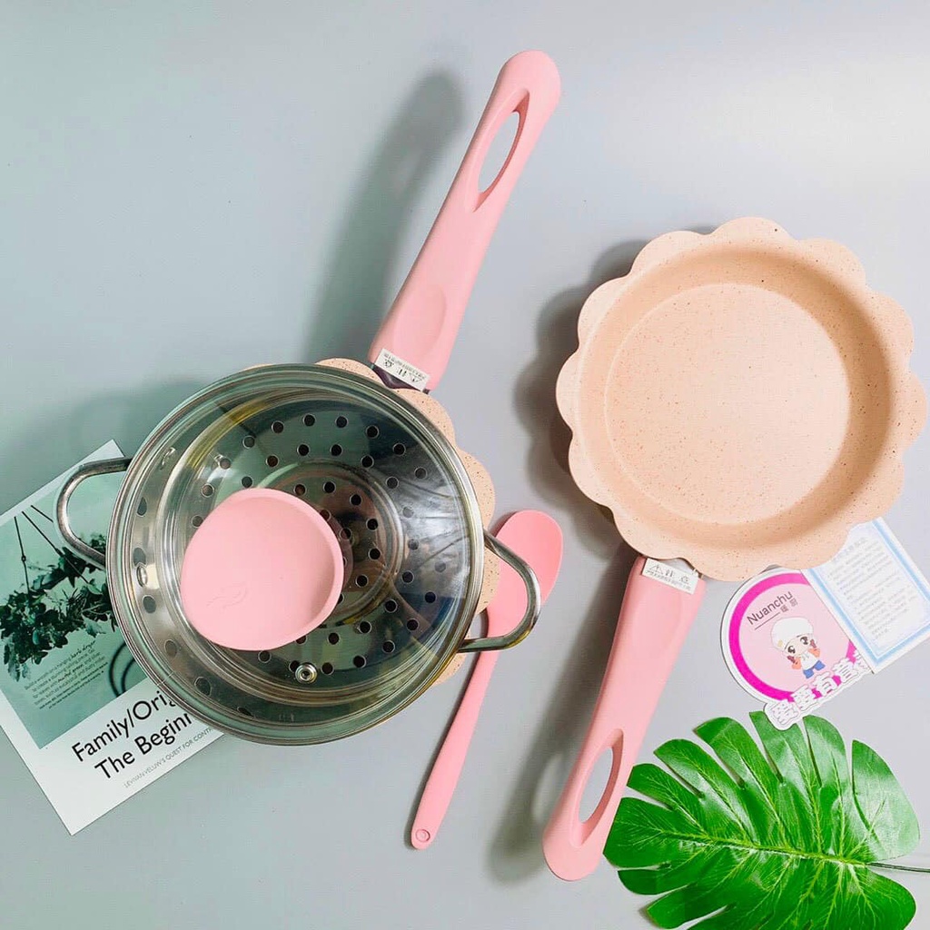 Bộ Nồi Chảo Đá Cho Bé Ăn Dặm, Nồi Chảo Hấp Chống Dính Dùng Được Bếp Từ, Bếp Hồng Ngoại