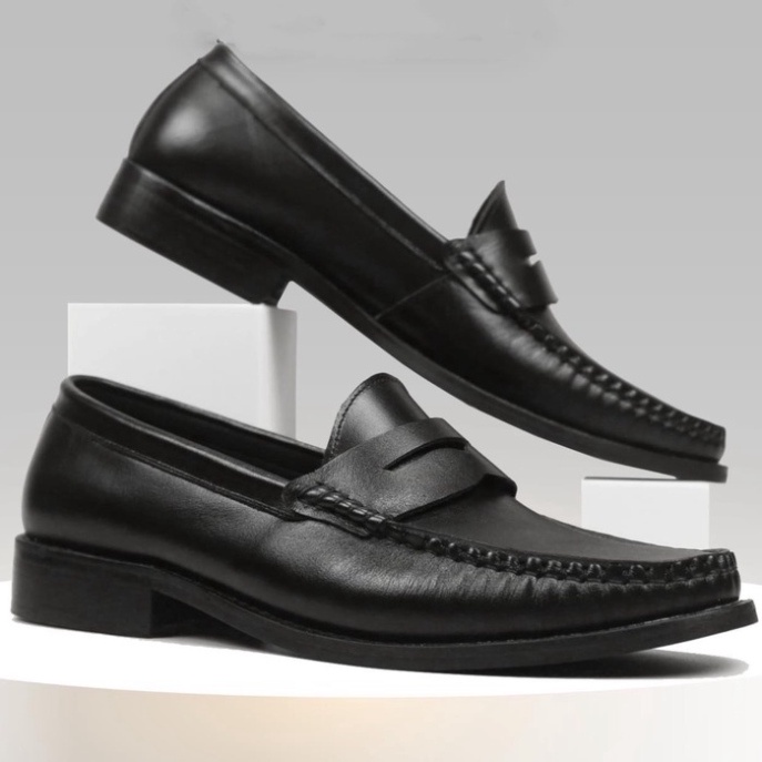 Giày Penny Loafer Black off White da thật đế phíp CK-01