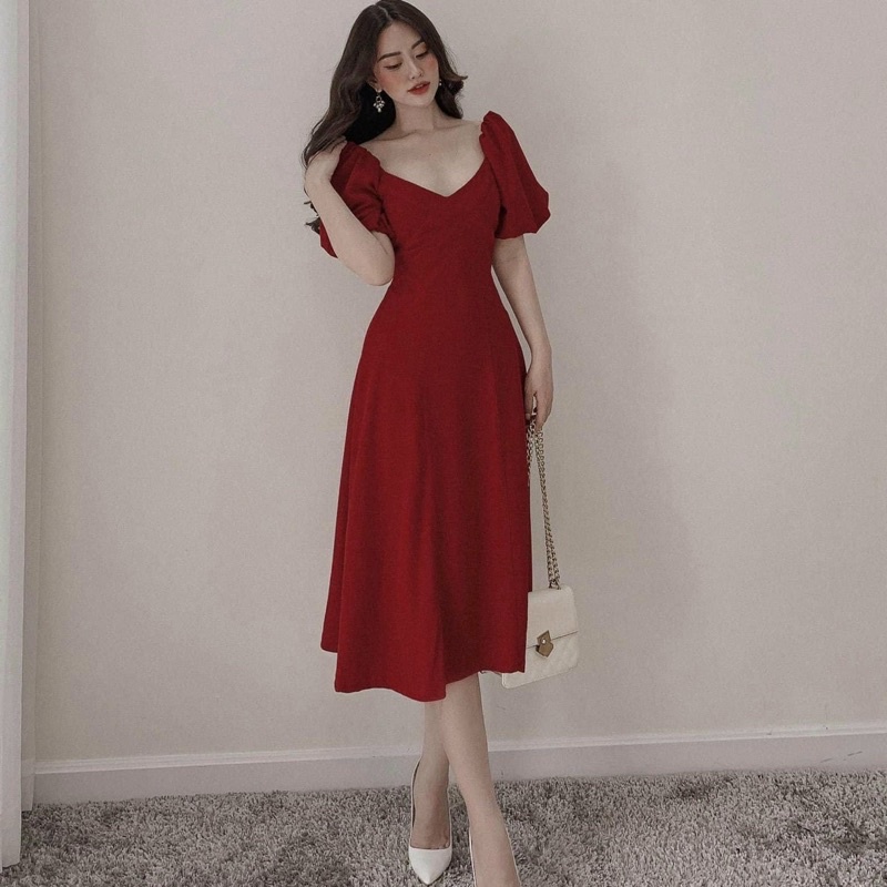 Đầm đỏ cổ V basic (kèm hình thật) | BigBuy360 - bigbuy360.vn