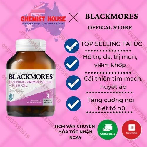 [Hàng chuẩn Úc] Viên uống dứt điểm m.ụn Tinh dầu hoa anh thảo+Dầu cá Blackmores Evening Primrose Oil + Fish Oil 1000mg