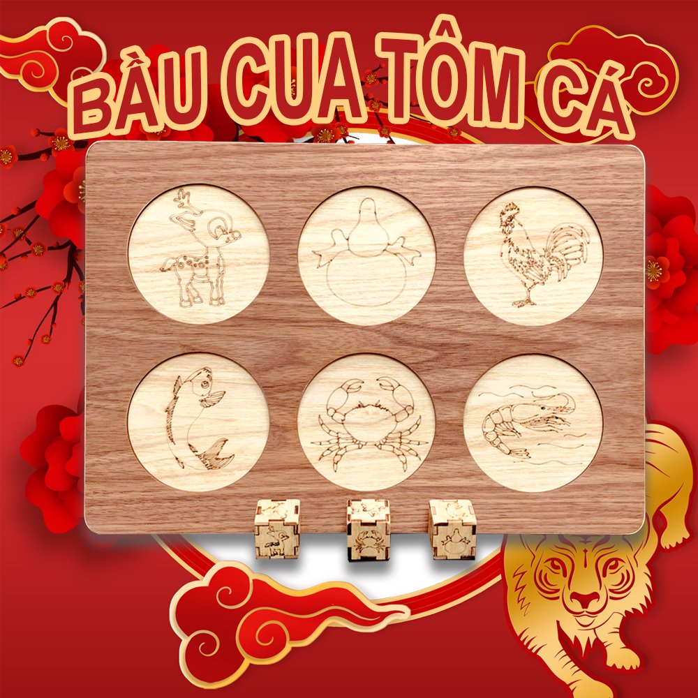 Đồ Chơi Board Game, Bộ Lắc Bầu Cua Tôm Cá Bằng Gỗ Hàng Việt Nam