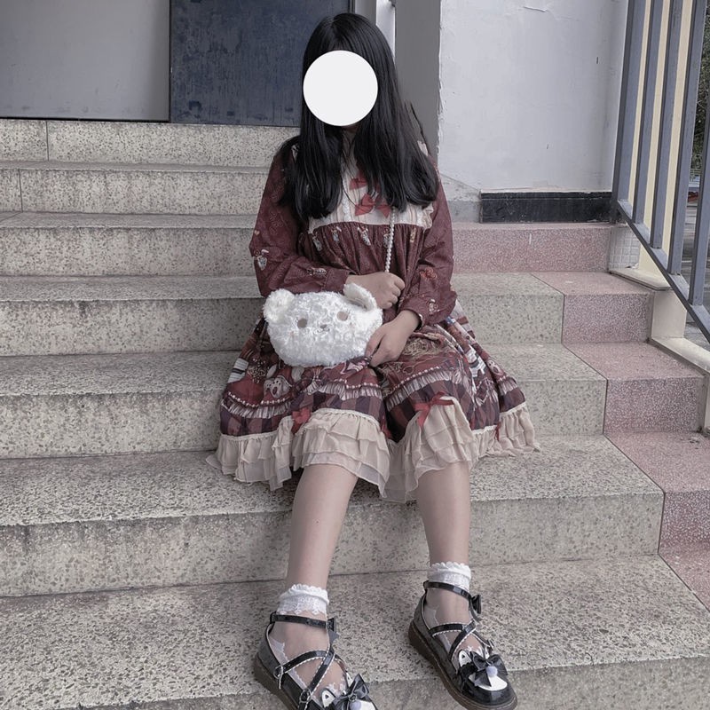 Túi đeo vai hình đầu chú gấu vải lông mềm chuỗi đính ngọc trai nhân tạo phong cách lilita dễ thương cho nữ