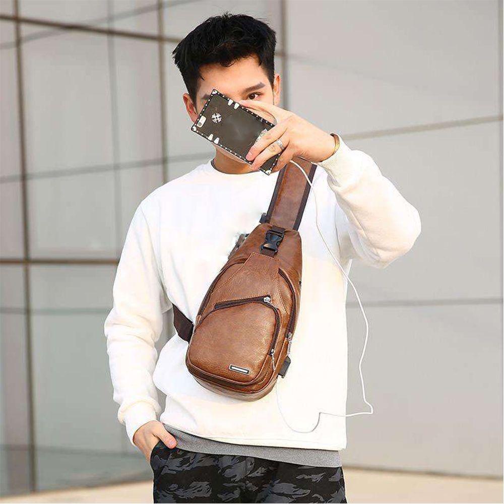 Túi Đeo Chéo Ngực Bằng Da Chống Trộm Có Cổng Sạc USB Độc Đáo