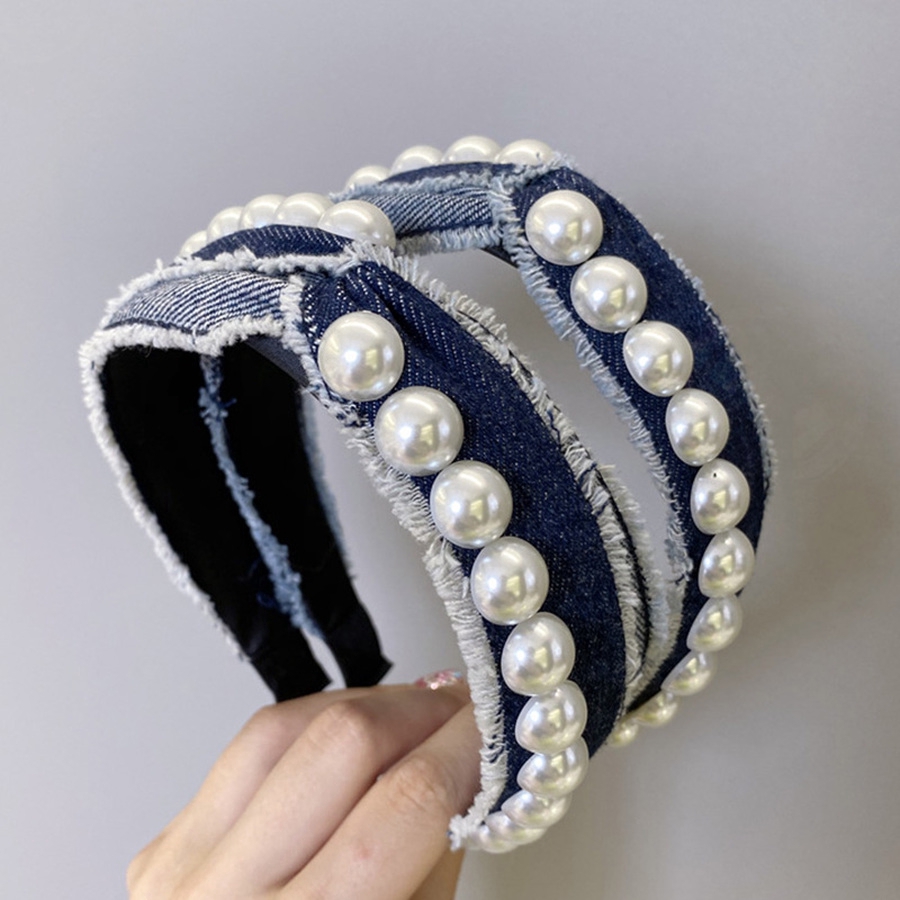 Cài Tóc Vải Denim Thắt Nút Đính Ngọc Trai Phong Cách Hàn Quốc