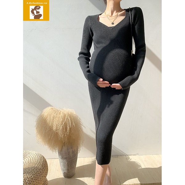 Váy đầm bầu len cổ tim hàn quốc trẻ trung sang trọng mặc bầu và sau sinh chất len dày dặn dáng ôm ấm áp thu đông