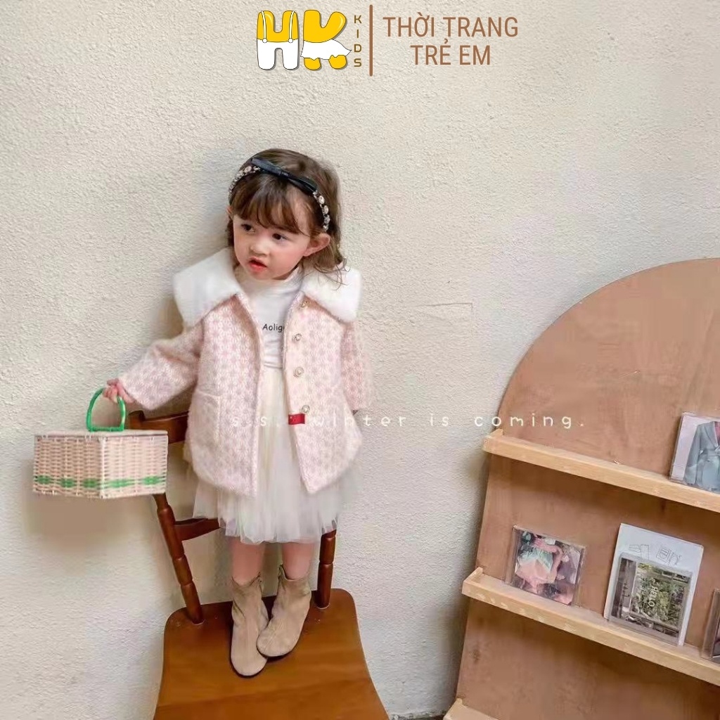 Áo khoác cho bé gái HK KIDS, chất dạ lông thỏ mềm mịn và nhẹ, dày dặn và ấm áp, kiểu dáng Hàn cho bé từ 1 đến 6 tuổi