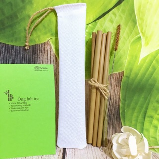 Combo 10 ống hút tre, 1 cọ xơ dừa, 1 túi vải dây rút